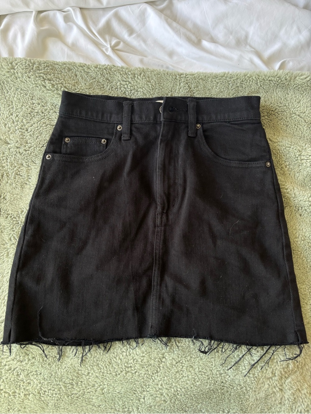 Wilfred Black Denim Mini Skirt with Frayed Hem